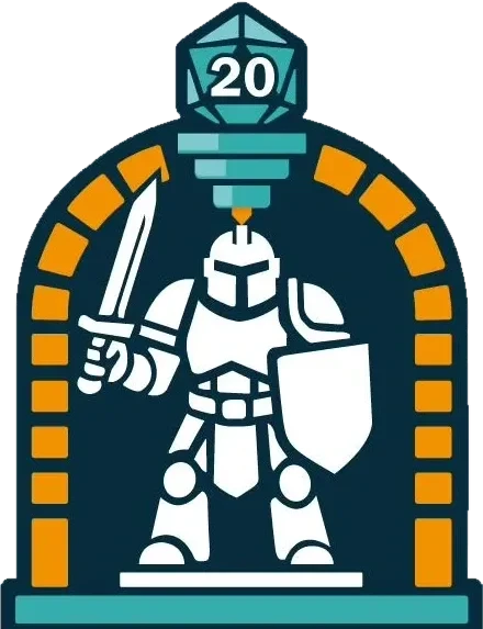 Emblema de Polímeros y Mazmorras: caballero impreso en 3D bajo un arco de mazmorra